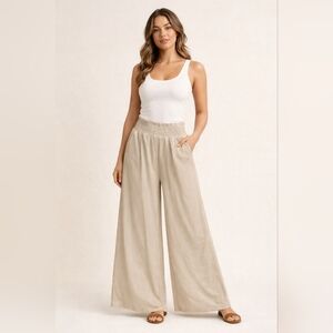 Beige Smocked Waist Wide-Leg Lounge Pants | Soft Flowing Fit Small